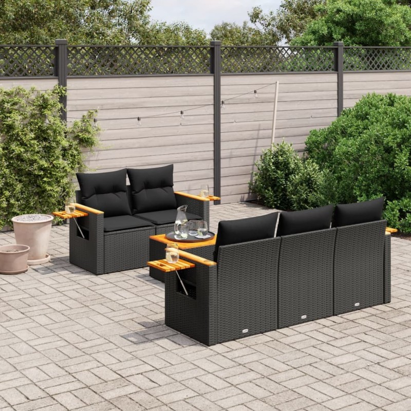 Salon de jardin 6 pcs avec coussins noir résine tressée 617437617437