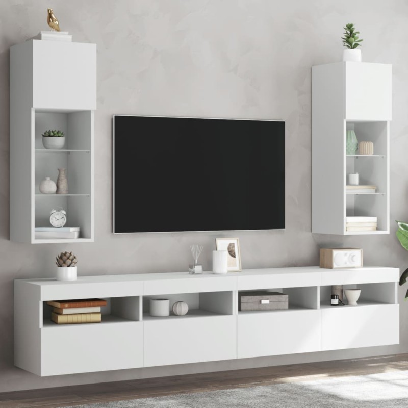 Meubles TV avec lumières LED 2 pcs blanc 30,5x30x90 cm 617673617673
