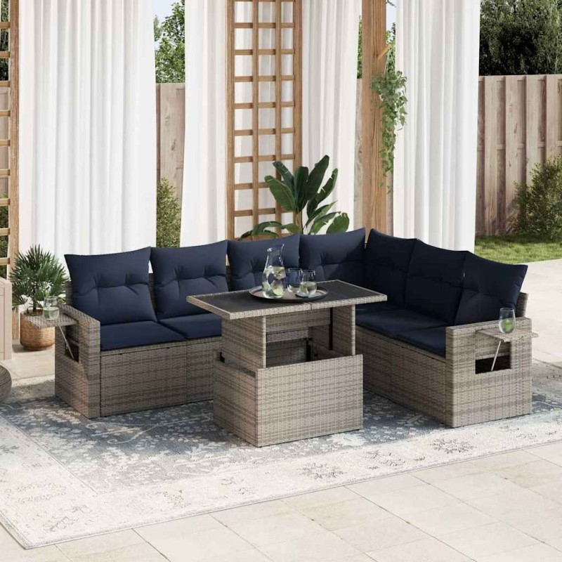 Salon de jardin avec coussins 7 pcs gris résine tressée 617776617776