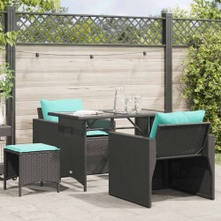 Salon de jardin 4 pcs avec coussins noir résine tressée 617779617779