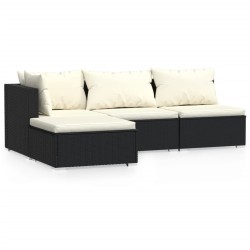 Salon de jardin 4 pcs avec coussins Noir Résine tressée 617797617797