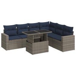 Salon de jardin avec coussins 7 pcs noir résine tressée acacia 618193618193