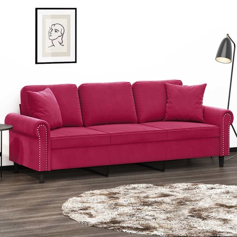 Canapé 3 places avec oreillers bordeaux 180 cm velours 618372618372