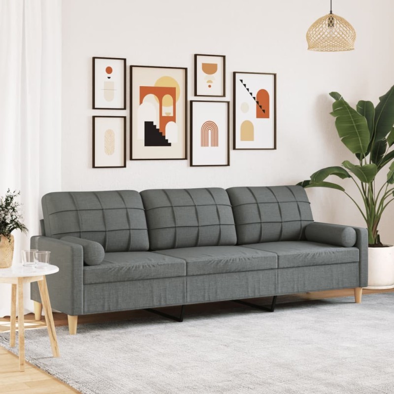 Canapé 3 places avec oreillers gris foncé 210 cm tissu 618906618906