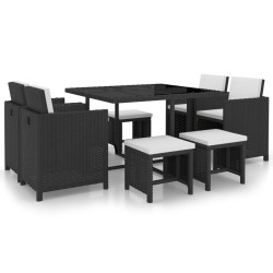 Ensemble à manger d’extérieur 9 pcs coussin Résine tressée Noir 619063619063