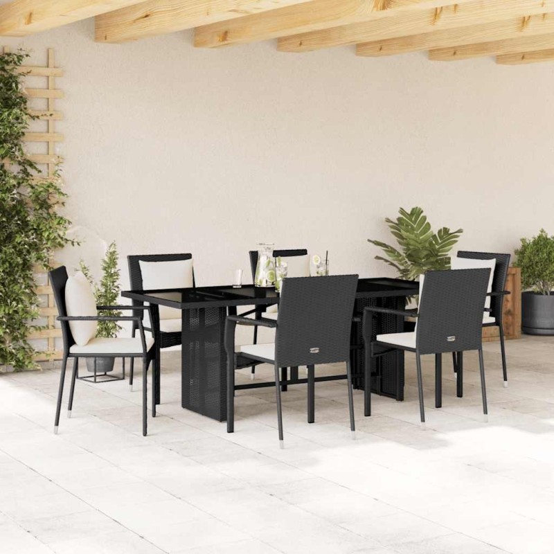Ensemble à manger de jardin coussins 7pcs Noir Résine tressée 619065619065