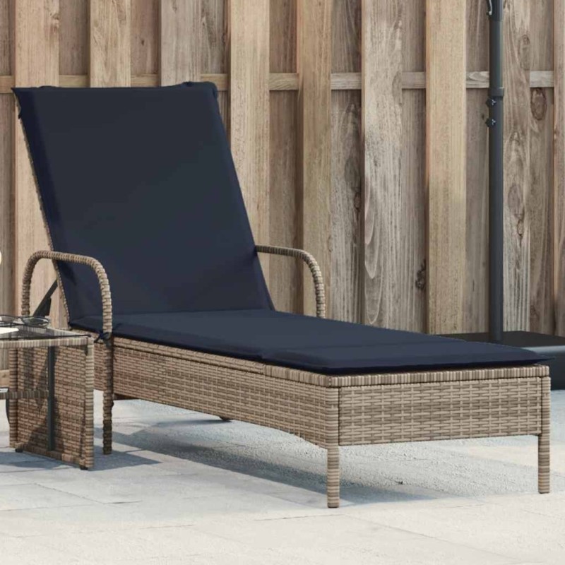 Chaise longue à roulettes avec coussin gris résine tressée 619075619075