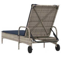 Chaise longue à roulettes avec coussin gris résine tressée 619075619075