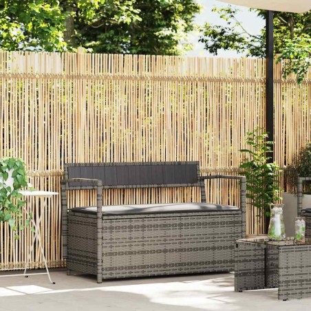Banc de rangement de jardin avec coussin gris résine tressée 619596619596