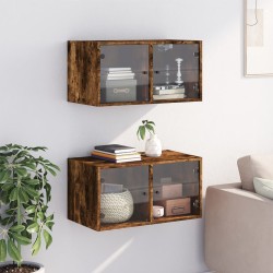 Armoires murales et portes vitrées 2pcs chêne fumé 68,5x37x35cm 620512620512