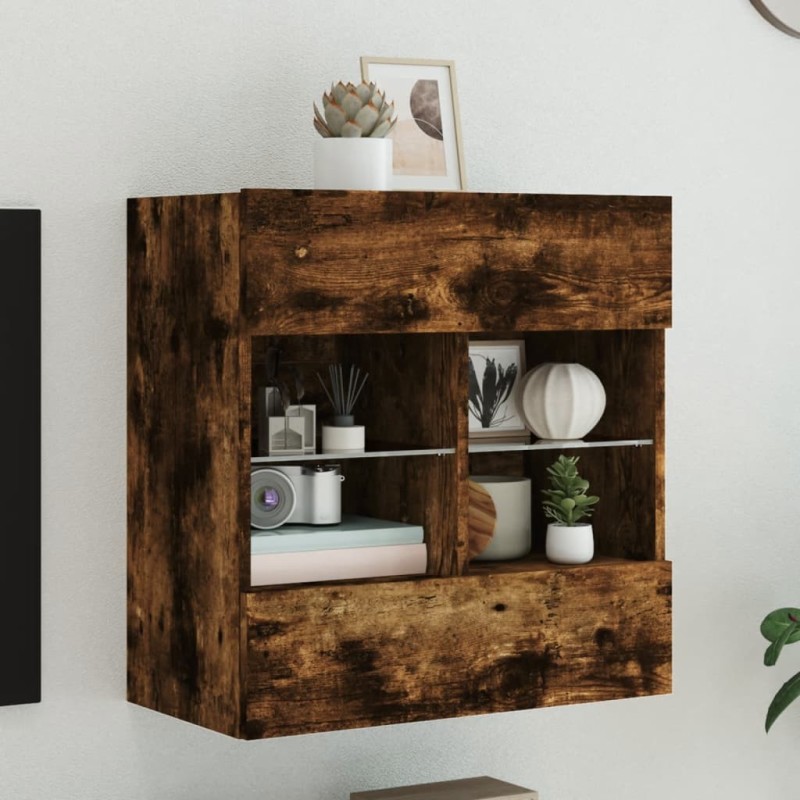 Meuble TV mural avec lumières LED chêne fumé 58,5x30x60,5 cm 620836620836