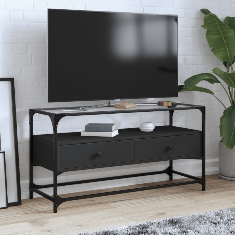 Meuble TV et dessus en verre noir 80x35x51 cm bois d'ingénierie 621346621346
