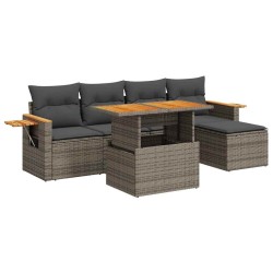 Salon de jardin avec coussins 6 pcs gris résine tressée acacia 621584621584