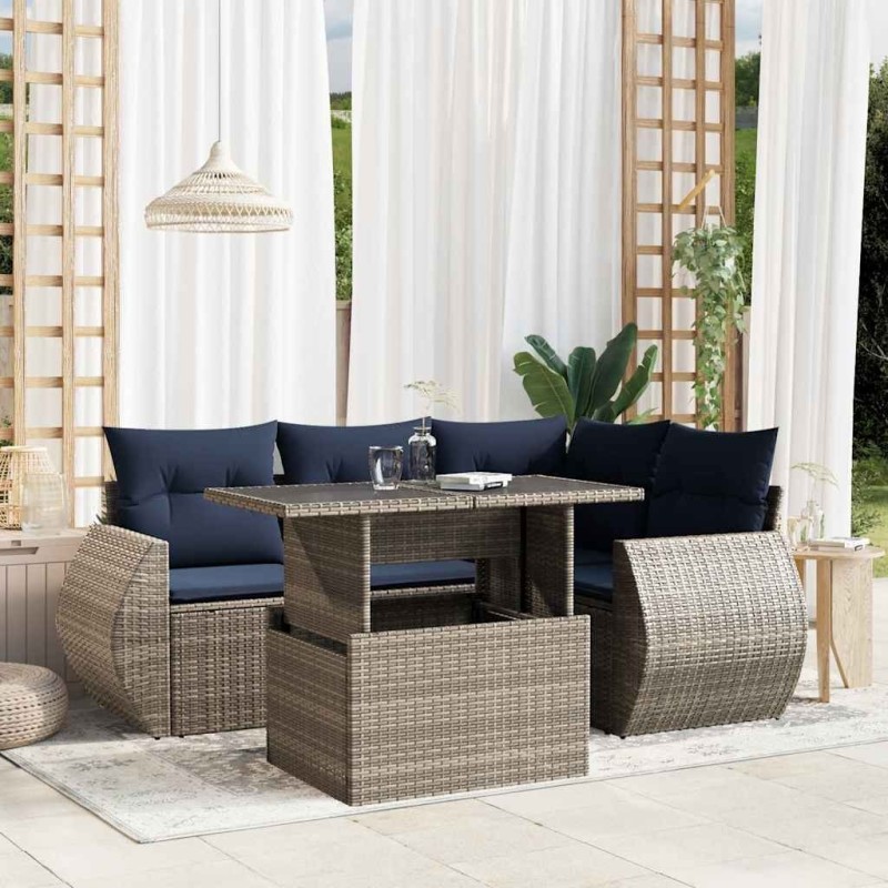 Ensemble de canapé de jardin 5 pcs avec coussins gris résine tressée 621895621895