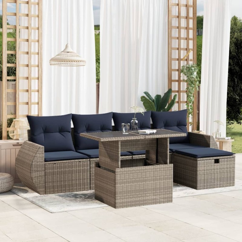 Ensemble de canapé de jardin 6 pcs avec coussins gris résine tressée 622128622128