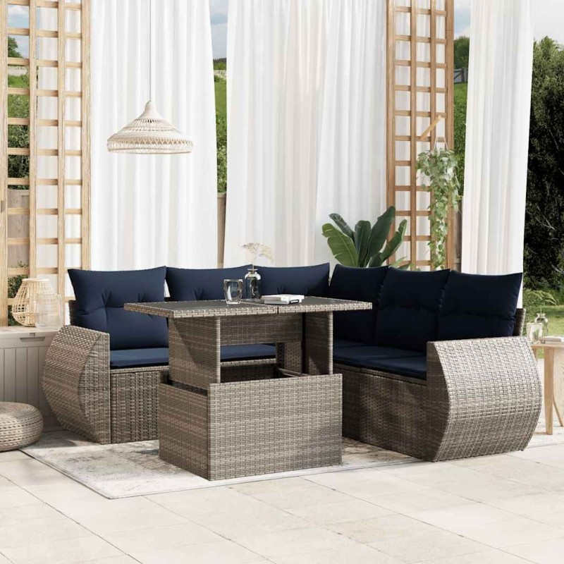 Ensemble de canapé de jardin 6 pcs avec coussins gris résine tressée 622151622151