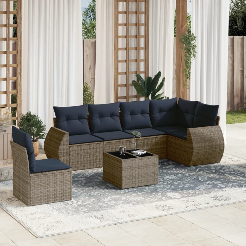 Ensemble de canapé de jardin 7 pcs avec coussins gris résine tressée 622414622414