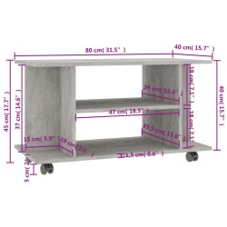 Meuble TV et roulettes gris béton 80x40x45 cm bois d'ingénierie 622435622435
