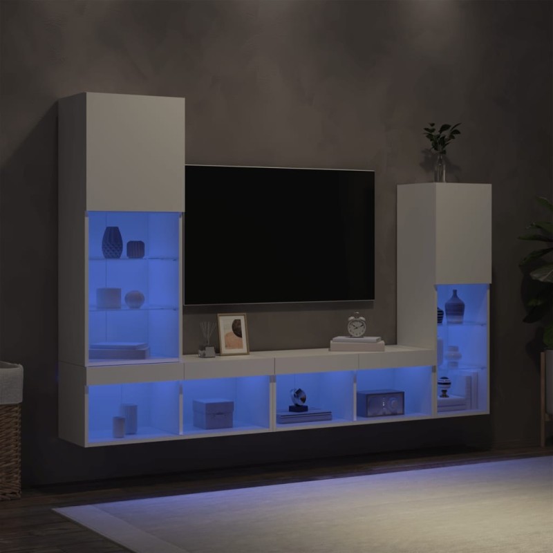 Unités murales TV avec LED 4 pcs blanc bois d'ingénierie 622552622552