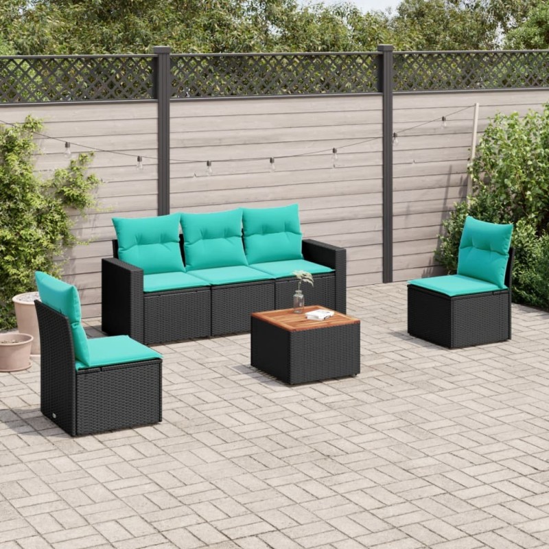 Salon de jardin 6 pcs avec coussins noir résine tressée 622555622555