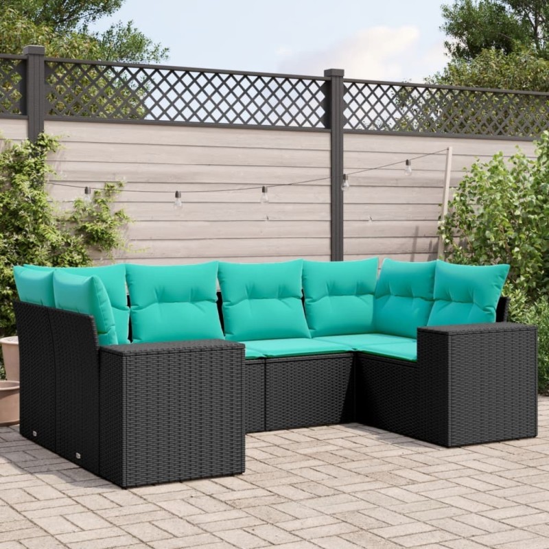 Salon de jardin 6 pcs avec coussins noir résine tressée 622559622559
