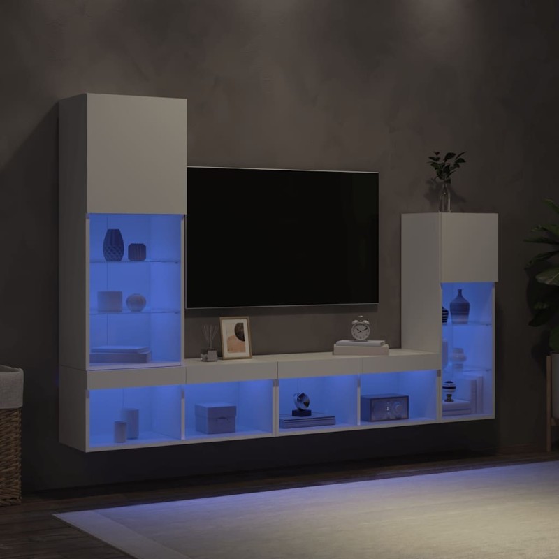 Unités murales TV avec LED 4 pcs blanc bois d'ingénierie 622567622567