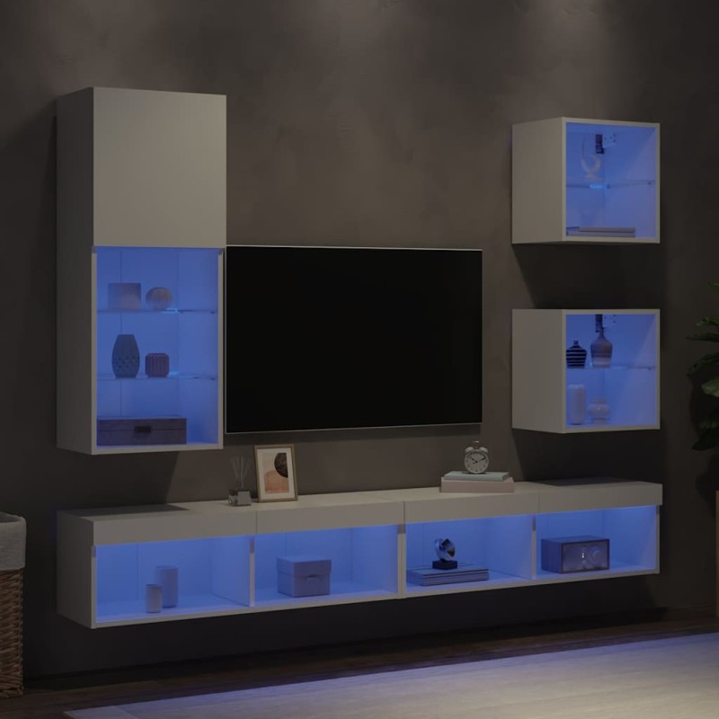 Unités murales TV avec LED 5 pcs blanc bois d'ingénierie 622576622576