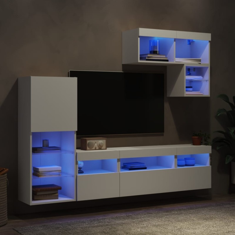 Unités murales TV avec LED 6 pcs blanc bois d'ingénierie 622588622588
