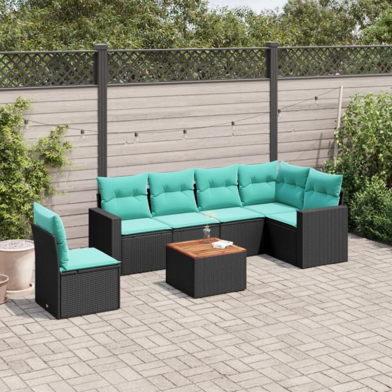 Salon de jardin 7 pcs avec coussins noir résine tressée 622609622609