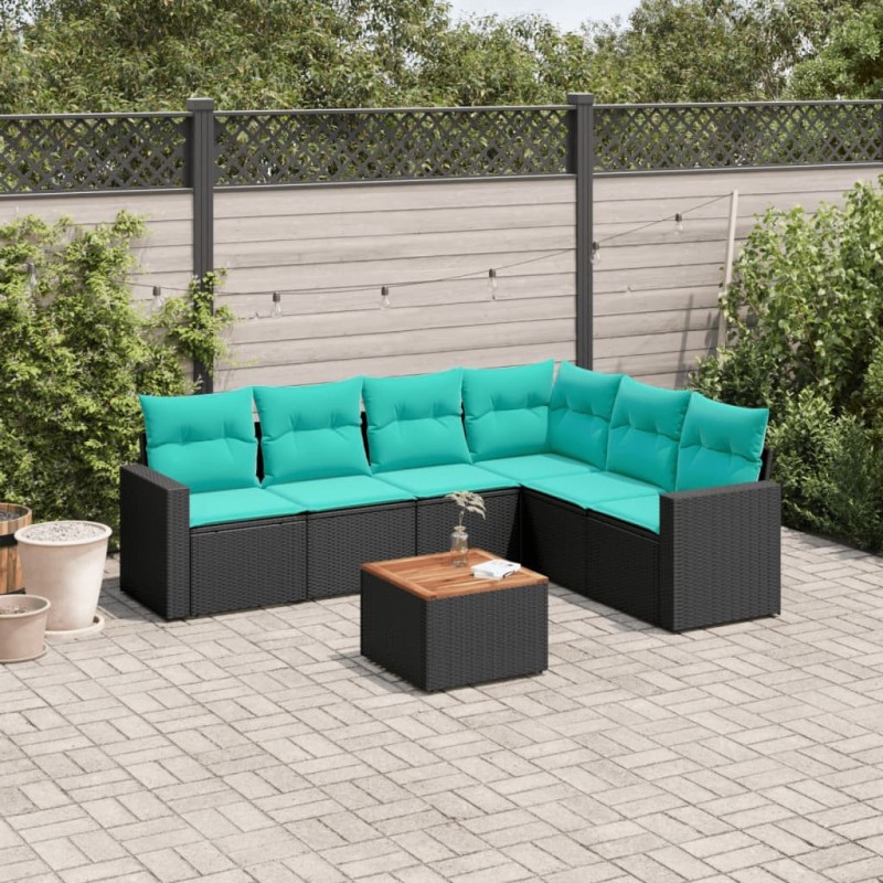 Salon de jardin 7 pcs avec coussins noir résine tressée 622742622742