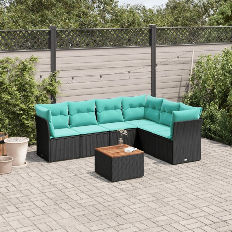 Salon de jardin 7 pcs avec coussins noir résine tressée 622776622776