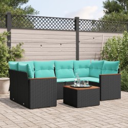 Ensemble de canapé de jardin 7 pcs avec coussins noir résine tressée 622822622822