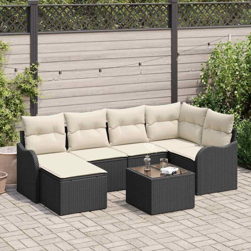 Ensemble de canapé de jardin 7 pcs Noir et blanc Poly rotin 622837622837