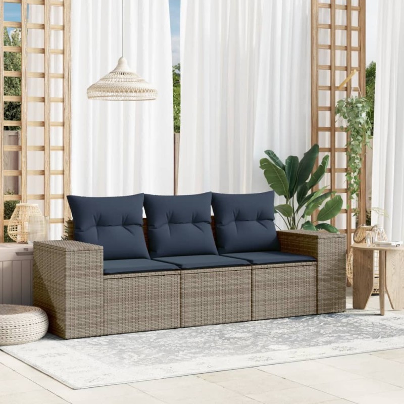 Ensemble de canapé de jardin 3 pcs avec coussins gris résine tressée 623173623173