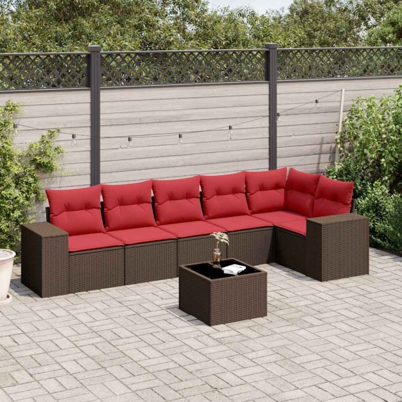Ensemble de canapé de jardin 7 pcs avec coussins marron résine tressée 623556623556