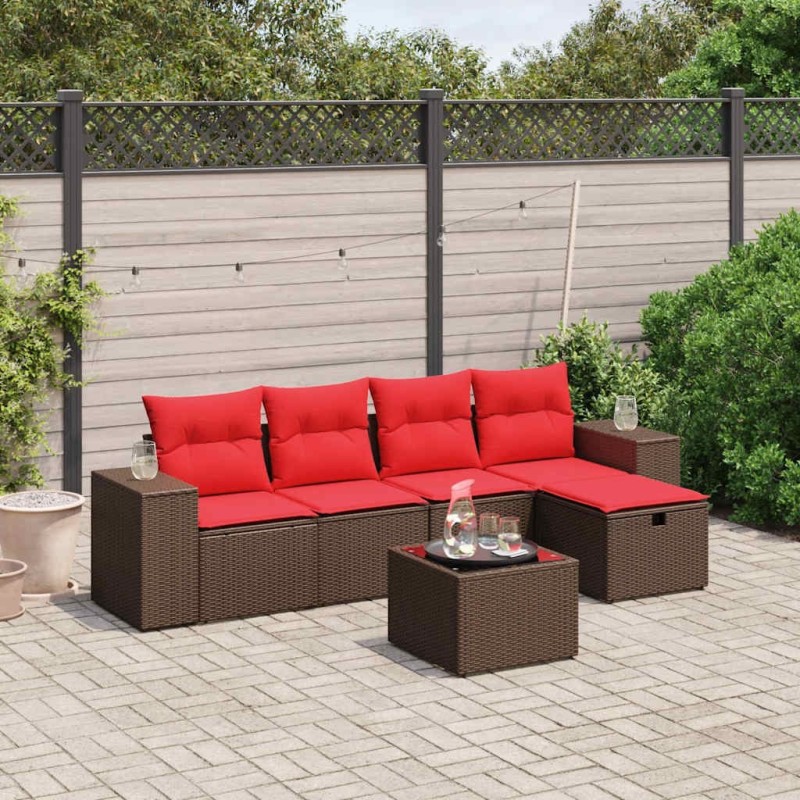 Ensemble de canapé de jardin 6 pcs avec coussins marron résine tressée 623559623559