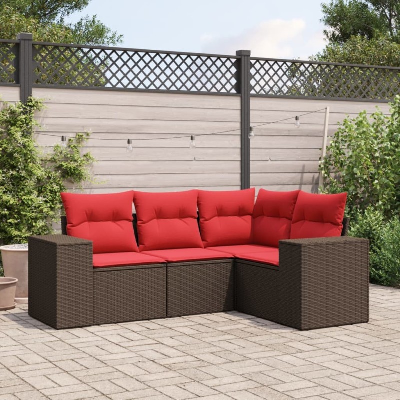 Ensemble de canapé de jardin 4 pcs avec coussins marron résine tressée 623743623743