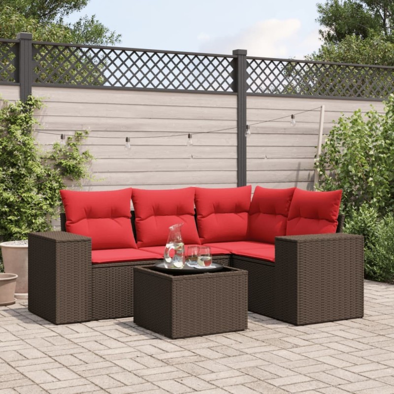 Ensemble de canapé de jardin 5 pcs avec coussins marron résine tressée 623765623765