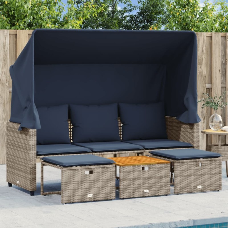 Canapé de jardin 3 places avec auvent et poufs gris résine tressée 624215624215