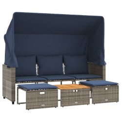 Canapé de jardin 3 places avec auvent et poufs gris résine tressée 624215624215