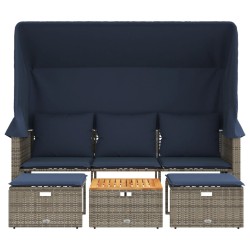 Canapé de jardin 3 places avec auvent et poufs gris résine tressée 624215624215
