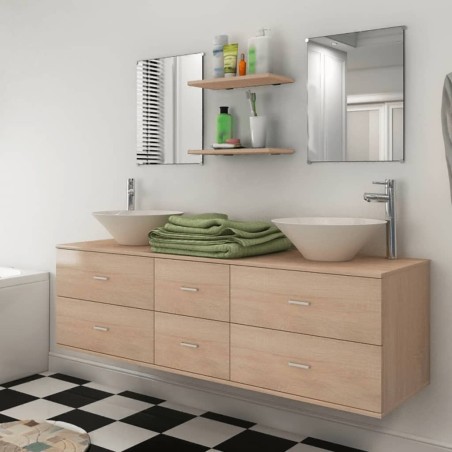 Meuble de salle de bain 9 pcs avec lavabo et robinet Beige 624866624866