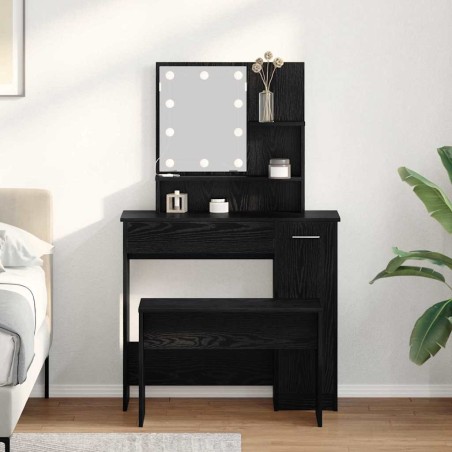 Ensemble de table de maquillage LED avec porte 2 pcs Chêne noir 624870624870