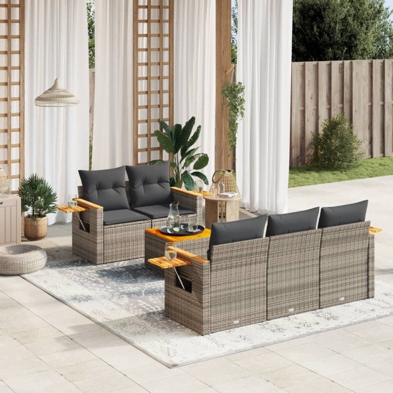 Salon de jardin 6 pcs avec coussins gris résine tressée 624889624889