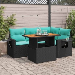Salon de jardin 5 pcs avec coussins noir résine tressée 624994624994