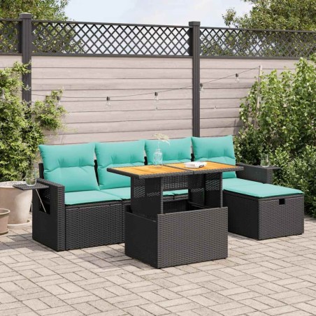Salon de jardin 6 pcs avec coussins noir résine tressée acacia 625175625175
