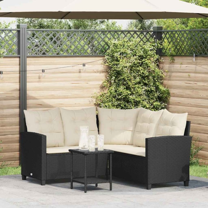 Canapé de jardin en L avec table et coussins noir résine tressée 625345625345