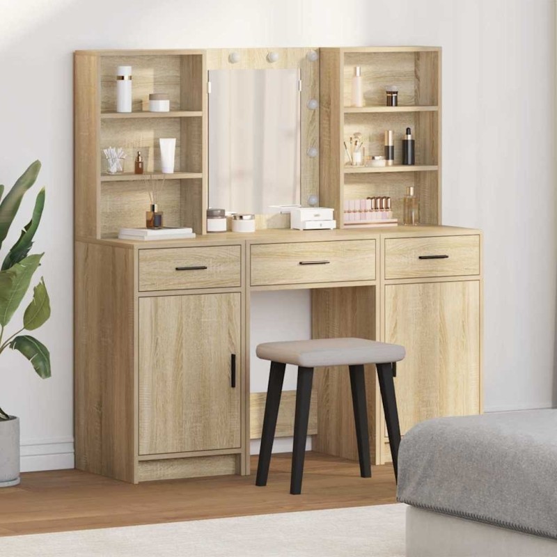 Ensemble de table de maquillage avec LED 3 pcs Chêne Sonoma 625473625473