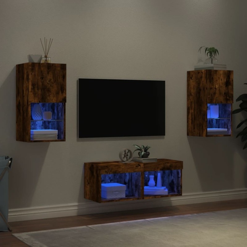 Meuble TV muraux 4 pcs avec lumières LED chêne fumé 625810625810