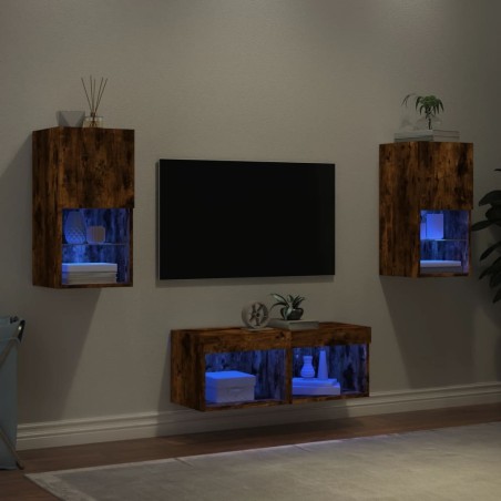 Meuble TV muraux 4 pcs avec lumières LED chêne fumé 625810625810